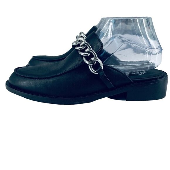 Free People Vida Mules 37 Black Leather Silver Link Chain Slip On Loafer - Picture 4 of 12